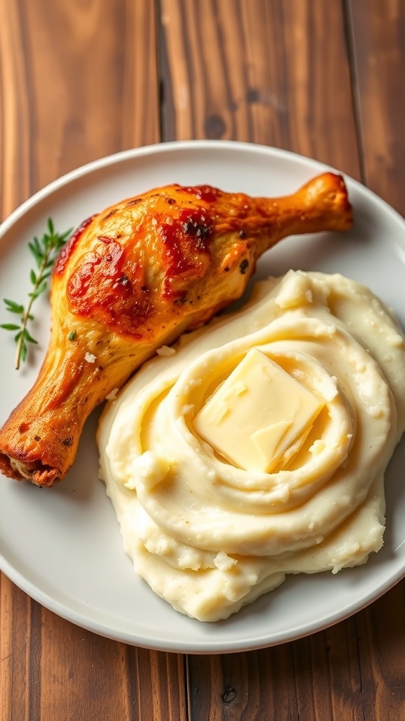 Oven-baked chicken drumsticks with creamy mashed potatoes on a rustic table.